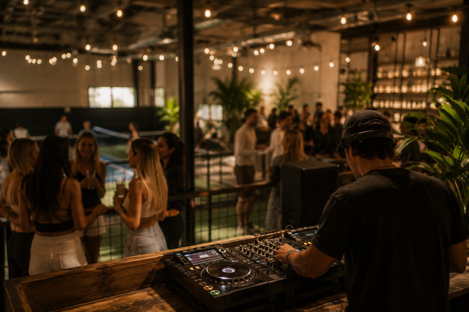 A DJ spinning behind the decks at a pickleball social, a crowd with drinks under string lights and floodlit courts behind.