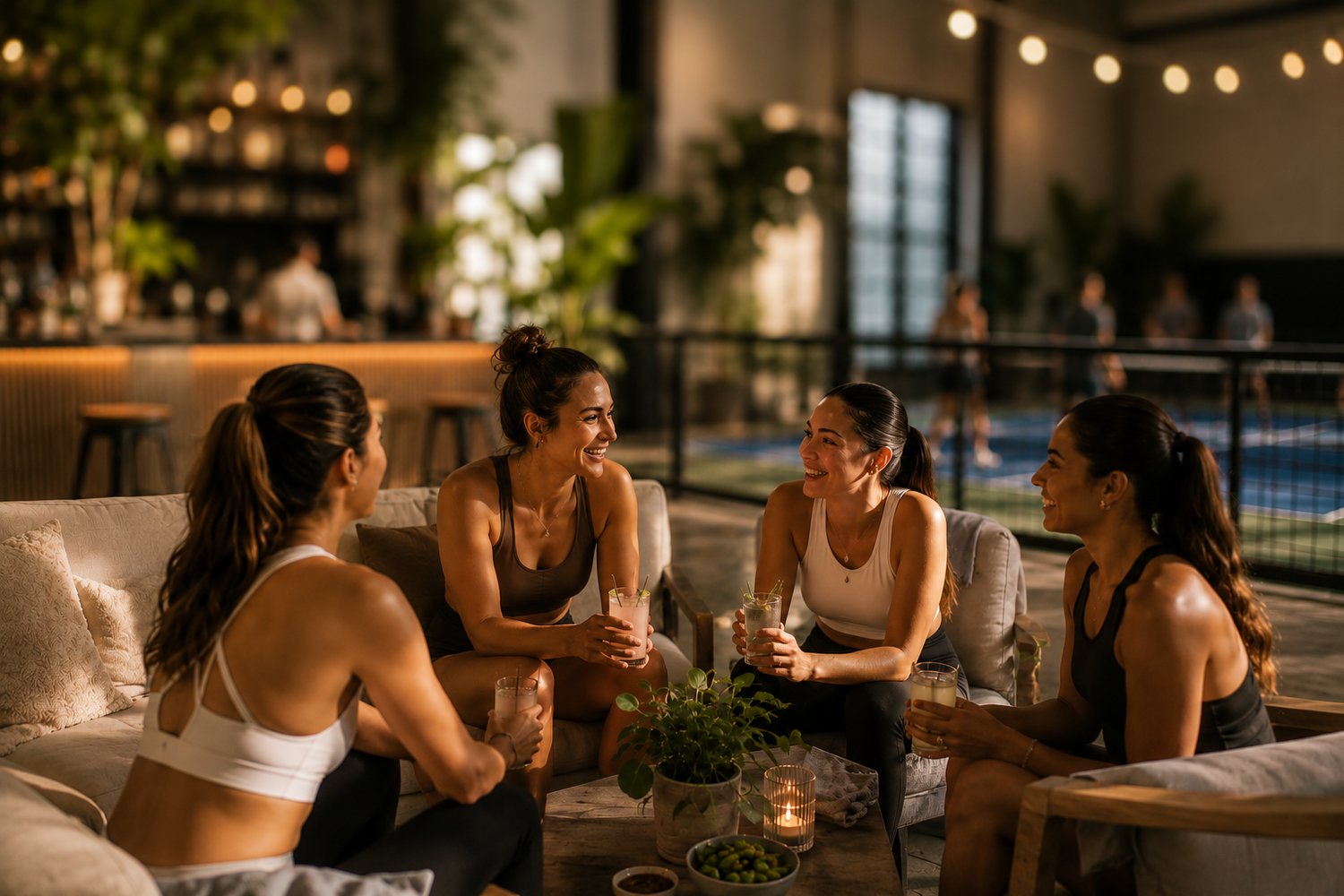 Four friends in athleisure laughing over cocktails on lounge sofas beside a pickleball court at dusk.