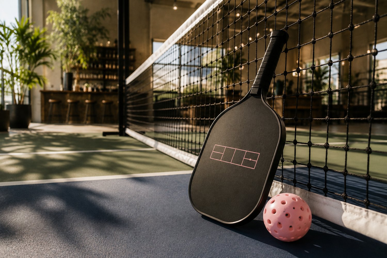 A black Kitchen Block Party pickleball paddle and a pink ball leaning against the net on an indoor court beside a bar.