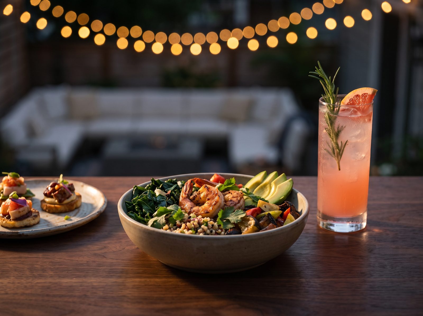 A chef-driven grain bowl with grilled shrimp beside a pink grapefruit-rosemary craft cocktail under string lights.